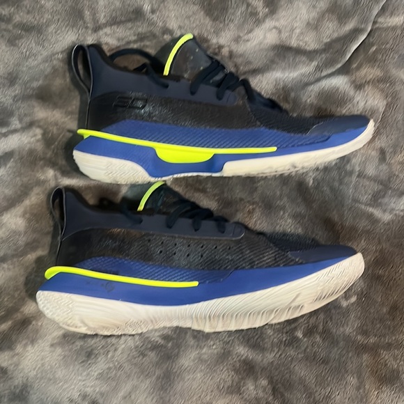 Under Armour Curry 7 SC Dub Nation Mens Sz 9 WMNS Sz 10.5 Blue/Florescent Yellow - Picture 3 of 7